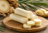 قطع لب النخيل الطازجة مع شرائح مقطعة على لوح خشبي وأوراق النخيل في الخلفية.