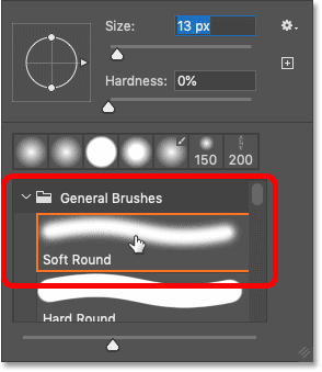 اختيار فرشاة Soft Round من منتقي Brush Preset في Photoshop