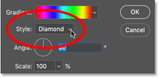 Changing the Style to Diamond in Photoshop's Gradient Fill مربع حوار Photoshop