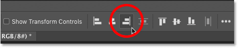 النقر فوق أيقونة Align Right Edges في شريط الخيارات في Photoshop