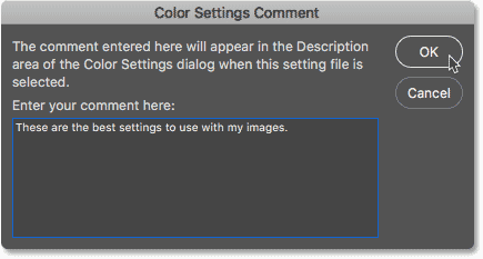 مربع الحوار Color Settings Comment.