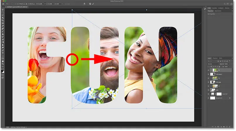 تغيير حجم الصورة الثالثة وتحريكها داخل الحرف باستخدام أمر التحويل الحر في Photoshop