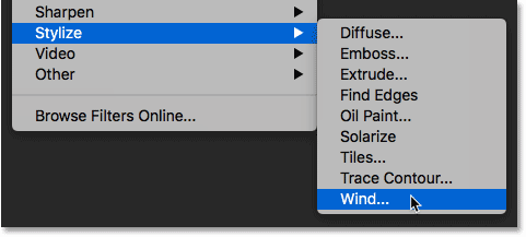 تحديد مرشح Wind من قائمة Filter في Photoshop