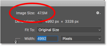 الحجم الحالي للصورة بالميغابايت في شاشة حجم الصورة في Photoshop