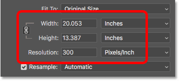 يعرض مربع حوار حجم الصورة في Photoshop حجم الطباعة بناءً على الدقة الحالية