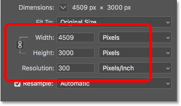 خيارات Width و Height و Resolution في شاشة Image Size في Photoshop