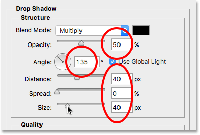 خيارات Drop Shadow في شاشة Layer Style. صورة © 2016 Photoshop Essentials.com