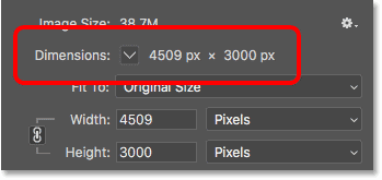 قسم Dimensions في شاشة Image Size في Photoshop CC