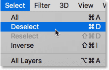 اختيار أمر إلغاء التحديد من قائمة التحديد في Photoshop.