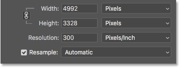 خيارات Width و Height و Resolution و Resample في شاشة Image Size