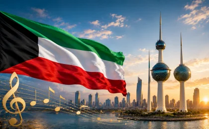 علم الكويت يرفرف أمام أبراج الكويت مع عناصر موسيقية ترمز إلى النشيد الوطني الكويتي.