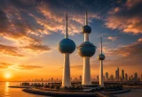 صورة بارزة لأبراج الكويت عند الغروب بإطلالة درامية على الخليج العربي ومدينة الكويت.