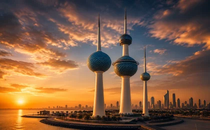 صورة بارزة لأبراج الكويت عند الغروب بإطلالة درامية على الخليج العربي ومدينة الكويت.