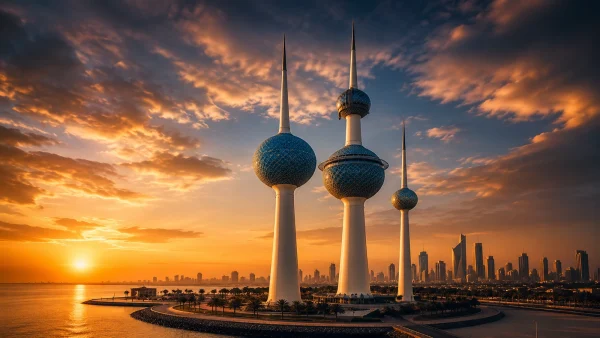 صورة بارزة لأبراج الكويت عند الغروب بإطلالة درامية على الخليج العربي ومدينة الكويت.
