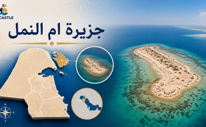 تصميم يوضح جزيرة أم النمل مع خريطة الكويت وموقع الجزيرة وصورة جوية لها.