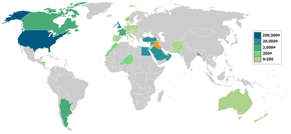 الدول المشاركة في قوات التحالف عام 1991. كلما غمق اللون الأخضر يدل على زيادة عدد القوات المشاركة.