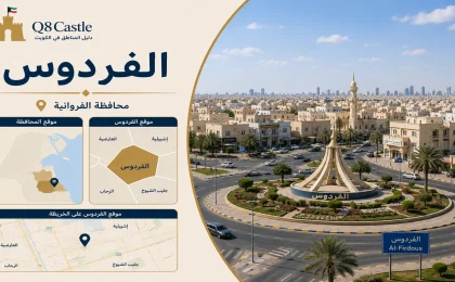 بطاقة تعريف منطقة الفردوس في محافظة الفروانية مع خريطة موقع المنطقة وصورة تمثل المنطقة.