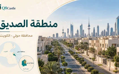 تصميم بارز لمنطقة الصديق في محافظة حولي بالكويت مع تحديد موقعها على الخريطة ومشهد حضري من المنطقة.