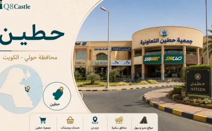تصميم بارز لمنطقة حطين في محافظة حولي بالكويت مع تحديد موقعها على الخريطة وواجهة جمعية حطين التعاونية.