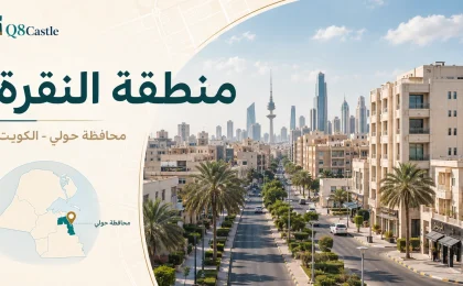 تصميم بارز لمنطقة النقرة في محافظة حولي بالكويت، يوضح موقعها على الخريطة مع مشهد عمراني من المنطقة.