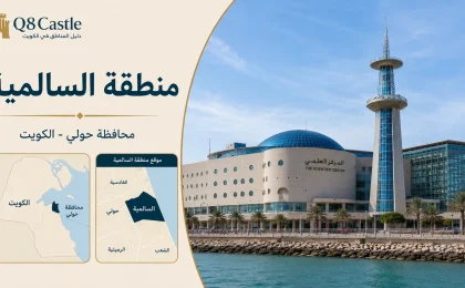 طاقة تعريف منطقة السالمية في محافظة حولي مع صورة المركز العلمي وخريطة موقع المنطقة في الكويت.