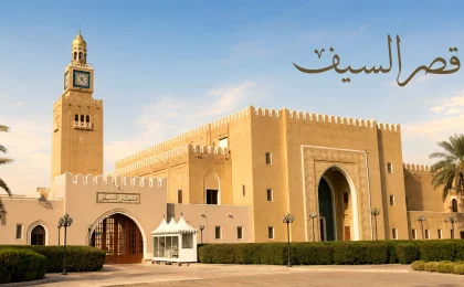 قصر السيف في الكويت بواجهته التاريخية وبرج الساعة الشهير ضمن تصميم بارز هادئ لمقال عن القصر.