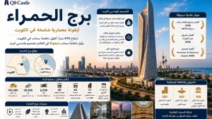 تصميم بارز لبرج الحمراء في الكويت يوضح شكله المعماري المنحوت وارتفاعه الشاهق في أفق مدينة الكويت.