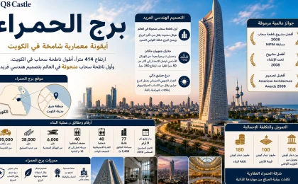 تصميم بارز لبرج الحمراء في الكويت يوضح شكله المعماري المنحوت وارتفاعه الشاهق في أفق مدينة الكويت.