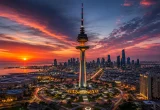 برج التحرير في الكويت عند غروب الشمس بإطلالة بانورامية على أفق مدينة الكويت.