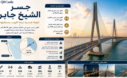 تصميم بارز لجسر الشيخ جابر في الكويت يظهر الجسر فوق مياه الخليج العربي مع معلومات عن طوله وأهميته.