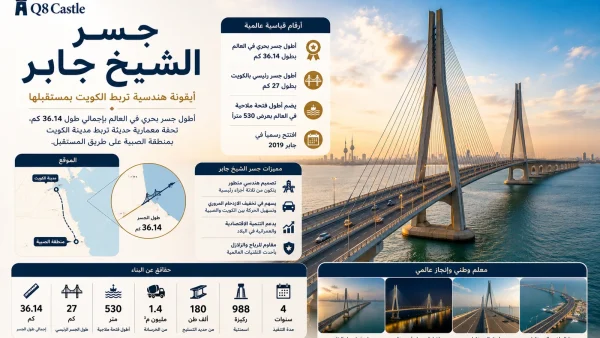 تصميم بارز لجسر الشيخ جابر في الكويت يظهر الجسر فوق مياه الخليج العربي مع معلومات عن طوله وأهميته.