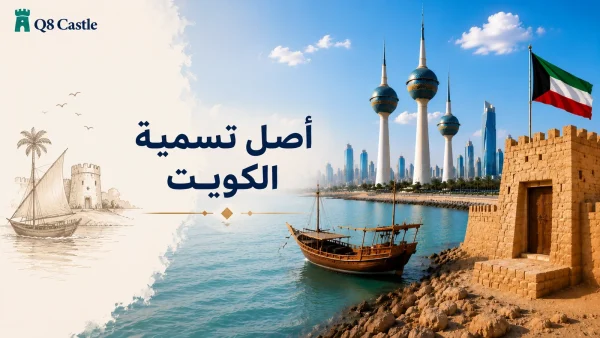 تصميم يوضح أصل تسمية الكويت ومعنى كلمة كوت مع أبرز رموز التراث الكويتي